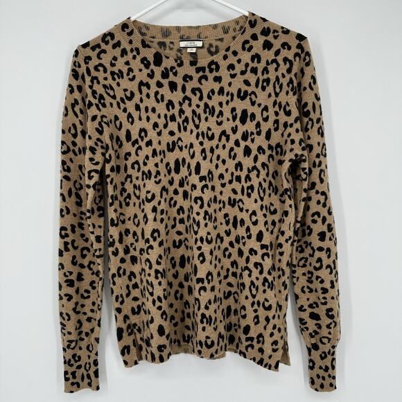 J. Crew Sweaters - J Crew Sweater Womens Medium Tan Black Leopard Print 100% Cashmere Pullover Soft